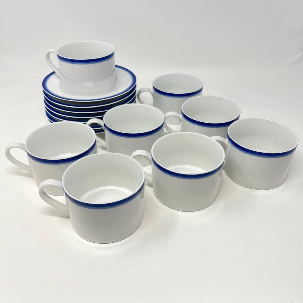 Crate and Barrel CBL16 Flat Cup Saucer Set of 8 Blue Rim White Porcelain Vintage